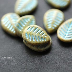 BLUE CREAM LEAVES .. 8 Premium Picasso Czech Glass Dogwood Leaf Beads 16x12mm 5985-8 image 2