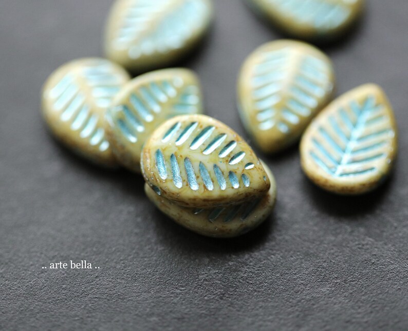 BLUE CREAM LEAVES .. 8 Premium Picasso Czech Glass Dogwood Leaf Beads 16x12mm 5985-8 image 2