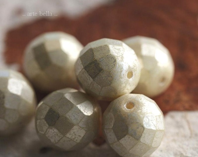 back in stock .. SILVERED CREAM PLUMPS .. 6 Premium Luster Picasso Czech Glass Faceted Round Glass Bead Mix 12mm (6717-6)