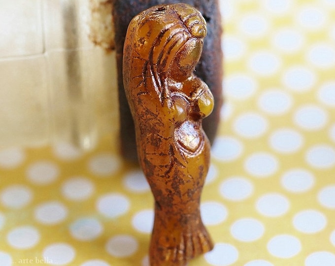 EARTHY ORANGE MERMAID .. 2 Premium Czech Glass Mermaid Beads 5x25mm (8683-2) .. jewelry supplies