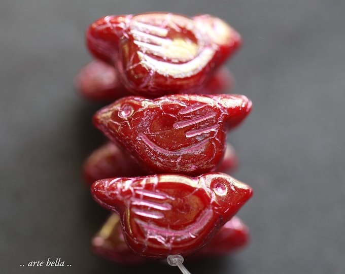 back in stock .. Golden PINK CARDINAL CHIRPS .. 6 Premium Czech Glass Bird Beads 11x22mm (9278-st) .. jewelry supplies