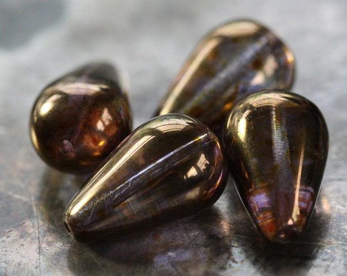 BRONZE PLUM CHUBETTES .. 6 Premium Picasso Czech Glass Teardrop Beads 18x11mm (3359-6)