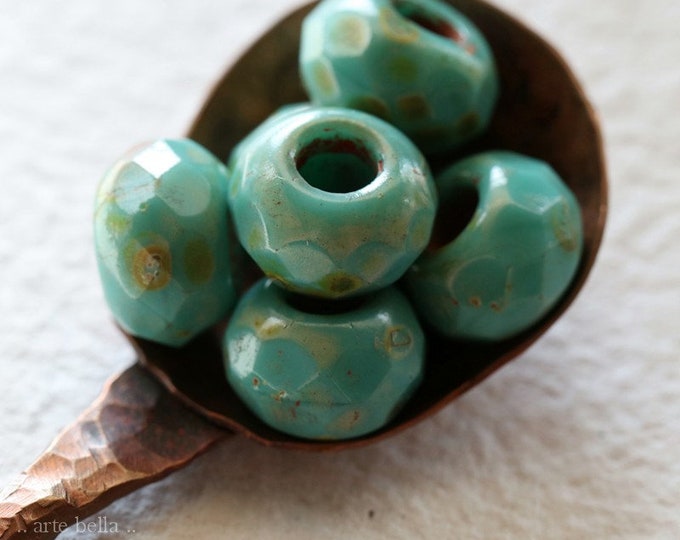 TURQUOISE ROLLER .. 6 Premium Picasso Czech Glass Large Hole Roller Beads 8x12mm (8357-6)