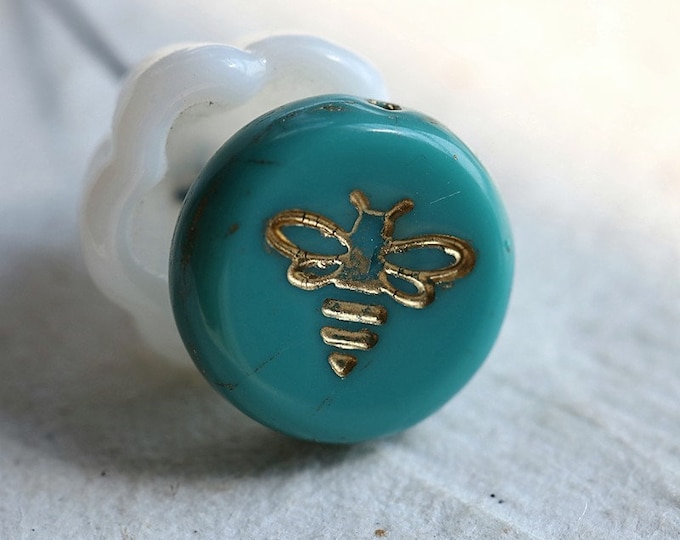 GOLDEN TEAL BIZZY B .. 6 Premium Czech Glass Bee Coin Beads 12mm (8484-6) .. jewelry supplies
