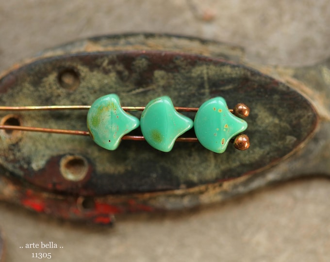 New .. TURQUOISE GINKGO LEAVES .. 20 Premium Matubo Picasso Czech Glass Leaf Beads 7.5mm (11305-20) .. jewelry supplies