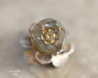 New .. MYSTIC BUDDING WHISPER .. 4 Premium Picasso Czech Glass Coin Flower Beads 15x4mm (11501-4) .. jewelry supplies