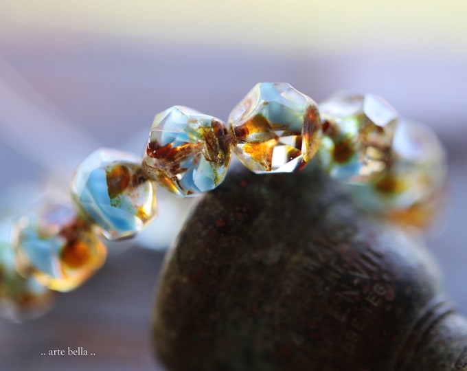 EARTHY SKY NUGGETS .. 15 Premium Picasso Czech Glass Central Cut Beads 9mm (9243-st)