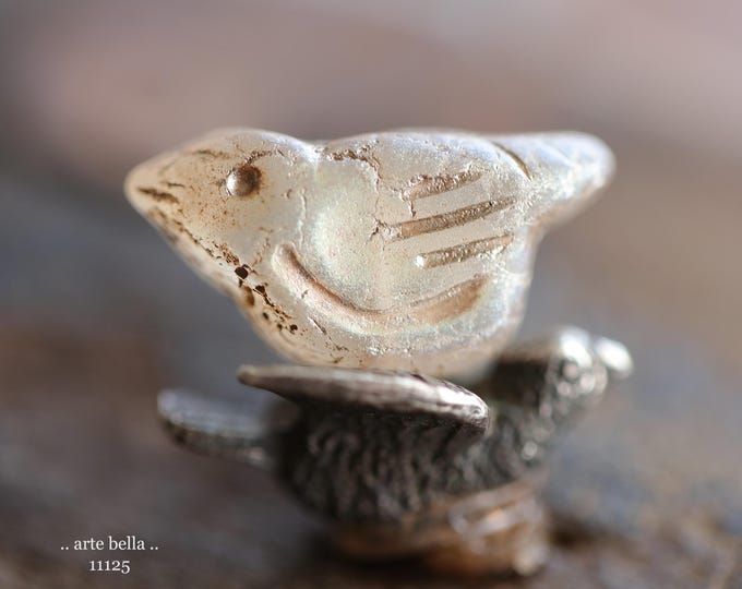 premium glass beads .. BEIGE BLUSH CHIRPS .. New 6 Matte Czech Glass Bird Beads 11x22mm (11125-st) .. jewelry supplies