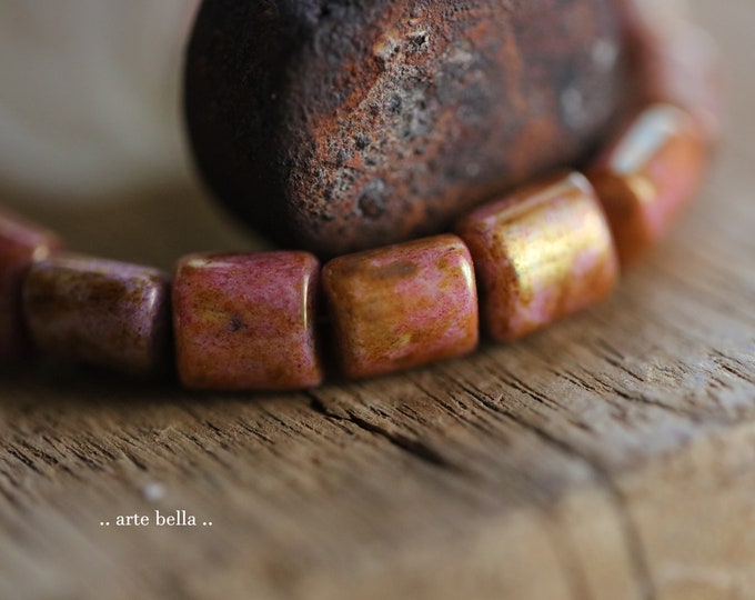 back in stock .. GOLDEN PINK PILLOWS .. 20 Premium Picasso Czech Glass Barrel Beads 8x6mm (9726-st) .. jewelry supplies
