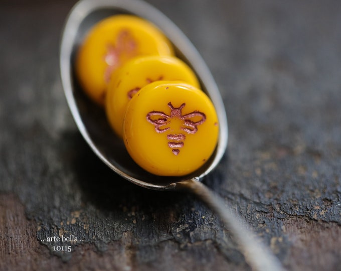 COPPERED LEMON BIZZY B .. 6 Premium Czech Glass Bee Coin Beads 12mm (10150-6) .. jewelry supplies