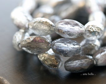 RUSTIC SILVERED OLIVES .. 12 Premium Etched Czech Glass Faceted Oval Beads 12x8mm (9165-12)