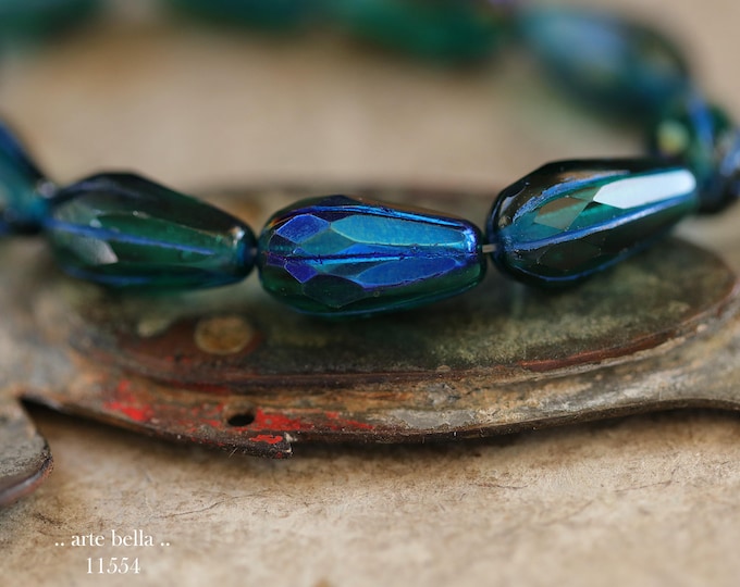New .. BLUE PINE DROPS .. 10 Premium Czech Glass Faceted Melon Drop Beads 15x8mm (11554-st) .. jewelry supplies