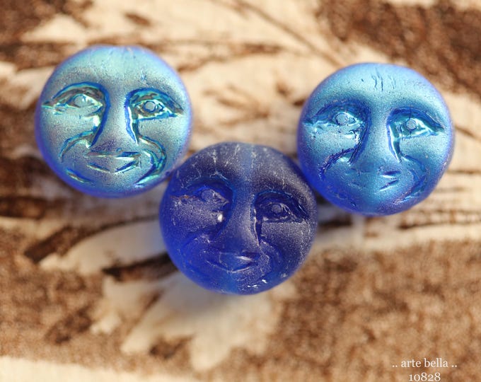 MYSTIC COBALT MOONS .. 6 Premium Matte Czech Glass Moon Face Beads 13mm (10828-6) .. jewelry supplies
