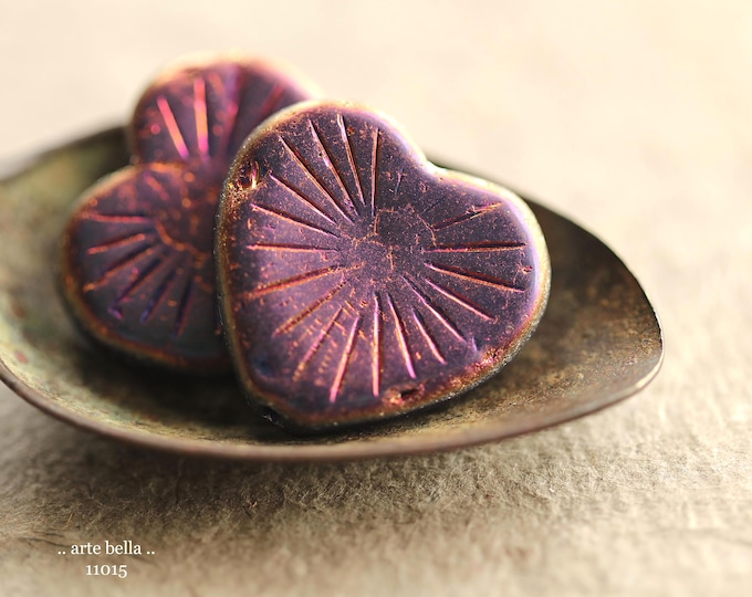 MYSTIC BLACK FLAMING Hearts .. New 2 Premium Czech Glass Heart Beads 22mm (11015-2) .. jewelry supplies