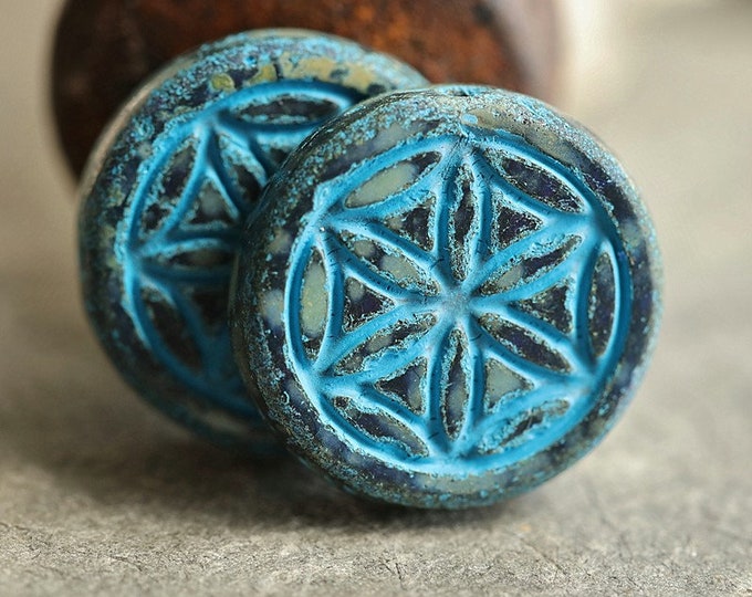 BLUE TWILIGHT FLOWERS .. 2 Premium Picasso Czech Glass Flower of Life Beads 19mm (8976-2) .. jewelry supplies
