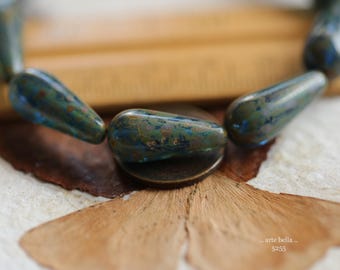 premium glass beads .. EARTHY COBALT CHUBETTES .. 10 Picasso Czech Glass Dangle Drop Beads 9x20mm (5255-st) .. jewelry supplies