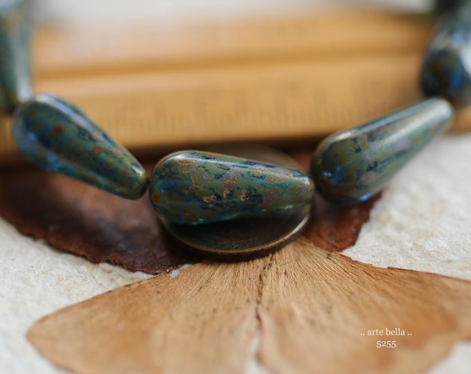 EARTHY COBALT CHUBETTES .. 10 Premium Picasso Czech Glass Dangle Drop Beads 9x20mm (5255-st) .. jewelry supplies