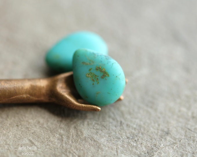 MATTE TURQUOISE PEARS .. New 10 Premium Picasso Czech Teardrop Beads 16x12mm (10922-10) .. jewelry supplies