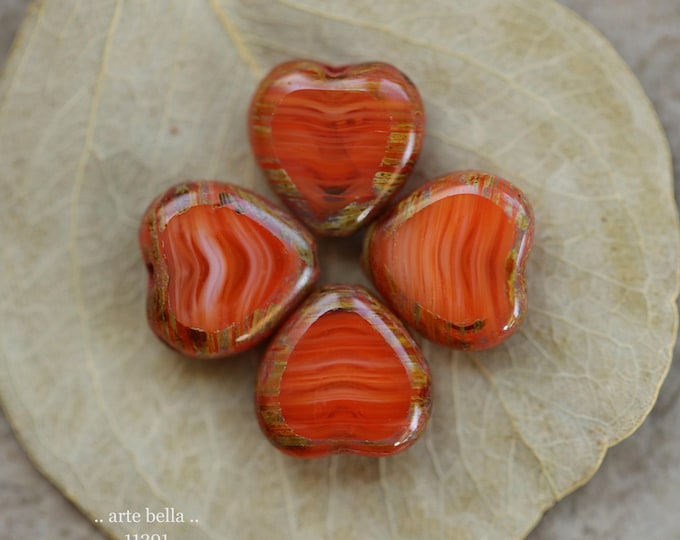 New .. STRIPED PERSIMMON HEARTS .. 10 Premium Picasso Czech Glass Heart Bead Mix 10mm (11291-10) .. jewelry making supplies
