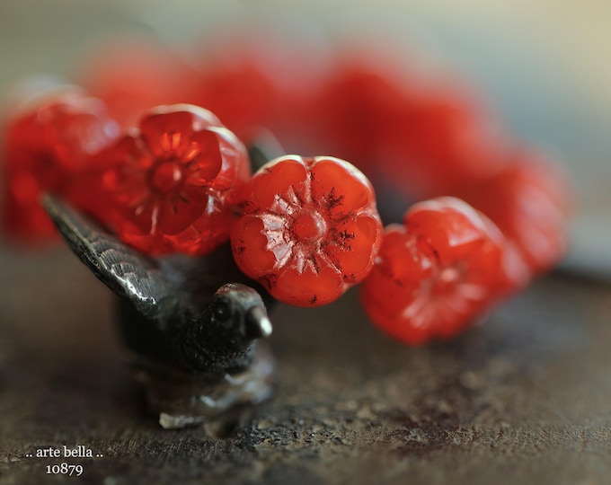 COPPERED PERSIMMON PANSY .. 12 Premium Czech Glass Hibiscus Flower Beads 10mm (10879-st) .. jewelry supplies