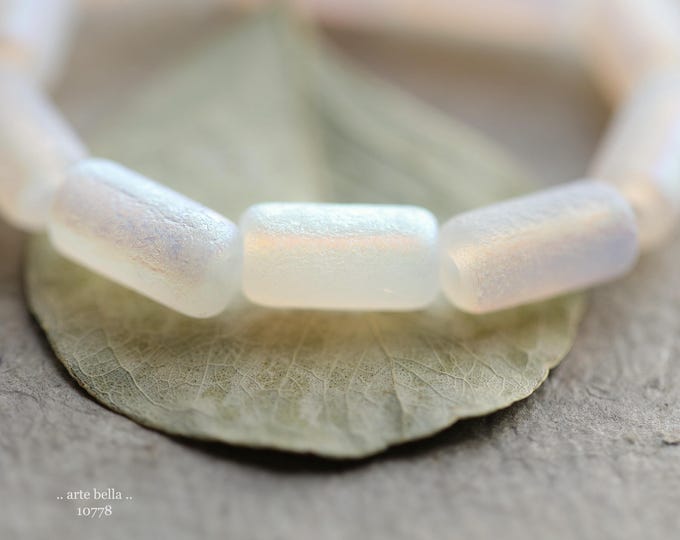 MYSTIC WINTER TUBES .. 10 Premium Etched Czech Glass Large Hole Tube Beads 14x7mm (10778-st) .. jewelry supplies
