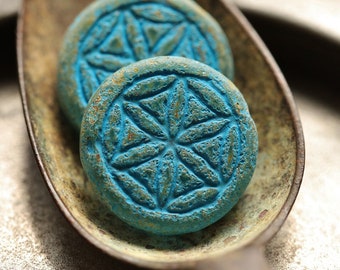 last ones .. RUSTIC BLUE FLOWERS .. 2 Etched Picasso Czech Glass Flower of Life Beads 19mm (8971-2) .. jewelry supplies