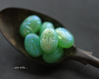 MYSTIC GREEN SCARAB .. Matte Czech Glass Scarab Beetle Beads 14x10mm (9845-6) .. jewelry supplies