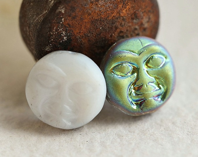 MYSTIC WHITE MOONS .. 6 Premium Matte Czech Glass Moon Face Beads 14mm (8966-6) .. jewelry supplies