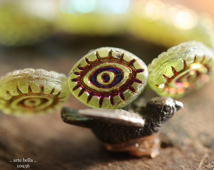 MYSTIC APPLE PEEPERS .. New 6 Premium Matte Czech Glass Mystic Eye Beads 14x11mm (10936-6) .. jewelry supplies