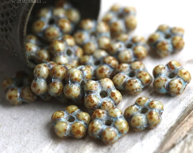 back in stock .. BLUE CREAM VINCA .. 50 Premium Picasso Czech Glass Flower Spacer Beads 5mm (6345-st) .. jewelry supplies
