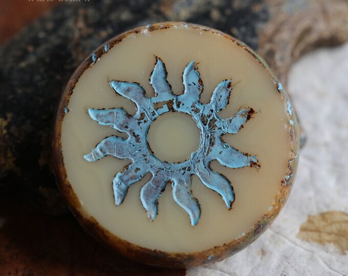 BLUE CREAM RAYS .. 1 Premium Picasso Czech Glass Sun Coin Bead 22mm (6682-1)