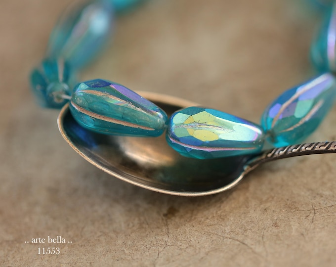 New .. MYSTIC TEAL DROPS .. 10 Premium Matte Czech Glass Faceted Melon Drop Beads 15x8mm (11553-st) .. jewelry supplies