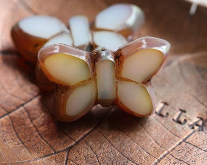 EARTHY MINK FLUTTERS .. 4 Premium Picasso Czech Glass Butterfly Beads 19x11mm (8330-4) .. jewelry supplies