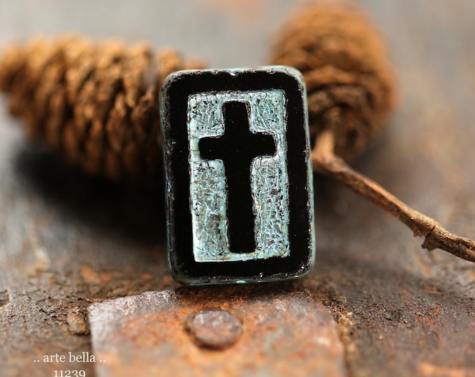 New .. RUSTIC BLACK N' BLUE Crosses .. 4 Premium Picasso Czech Glass Rectangle Cross Bead Mix 17x12mm (11239-4) .. rosary making supplies