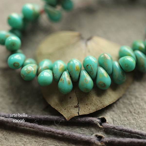 EARTHY TURQUOISE DRIPS .. 50 Premium Picasso Czech Glass Drop Beads 6x4mm (10096-st)