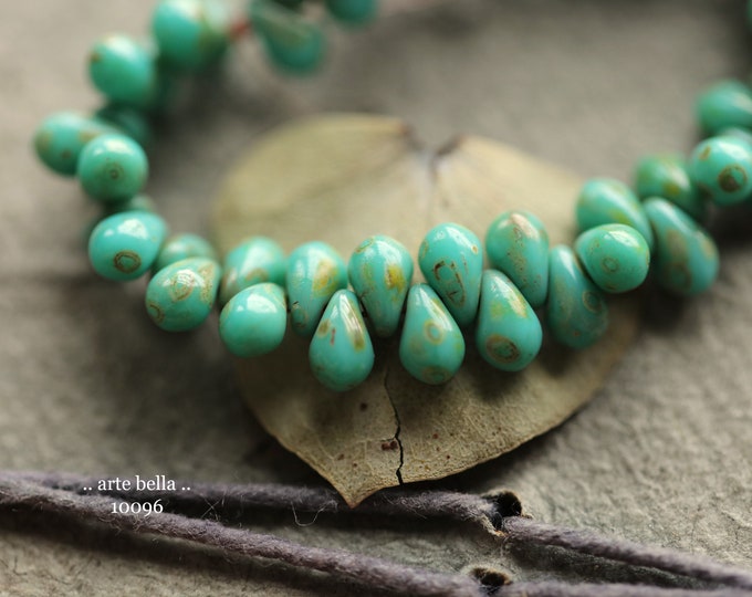 EARTHY TURQUOISE DRIPS .. 50 Premium Picasso Czech Glass Drop Beads 6x4mm (10096-st)