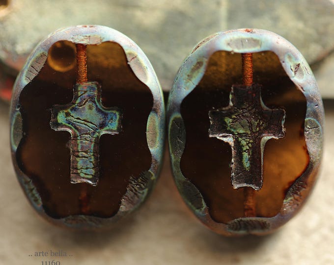 New .. SMOKEY TOPAZ CROSSES No. 1 .. 2 Premium Matte Picasso Czech Glass Oval Cross Bead Mix 25x19mm (11160-2) .. jewelry making supplies