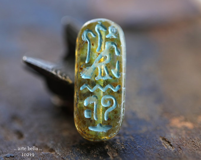 BLUE HONEY EGYPTIAN Cartouche .. 6 Premium Picasso Czech Glass Tablet Beads 25x10mm (10219-st) .. jewelry supplies