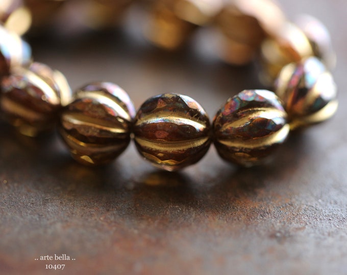Mystic GOLD COGNAC GLITZ No. 2 .. 12 Premium Czech Glass Faceted Melon Beads 10mm (10407-st) .. jewelry supplies