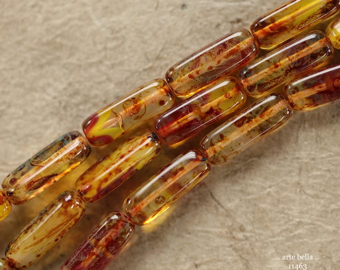 New .. EARTHY ZINNIA STICK Mix .. 14 Picasso Czech Glass Rectangle Tube Beads 15x5mm (11463-st) .. jewelry supplies