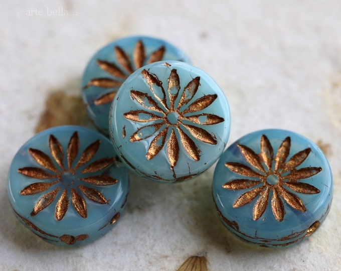 BRONZED AQUA ASTER .. 4 Premium Picasso Czech Glass Flower Coin Beads 12mm (7431-4)