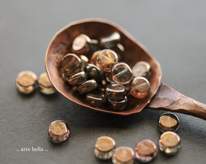 BRONZE PLUM BUTTONS .. 30 Premium Picasso Czech Glass Button Coin Beads 6mm (6629-30)