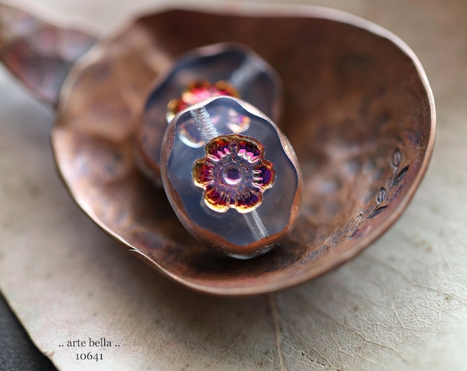 MYSTIC WHISPER BLOOMS .. 6 Premium Czech Glass Oval Flower Beads 14x11mm (10641-6) .. jewelry making supplies