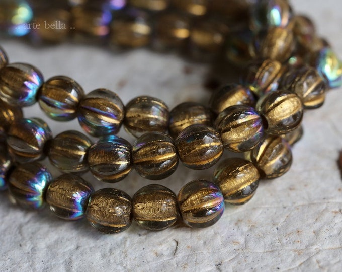 back in stock .. MYSTIC GOLD MELONS 6mm .. 25 Premium Picasso Large Hole Czech Glass Melon Beads (7096-st) .. jewelry supplies