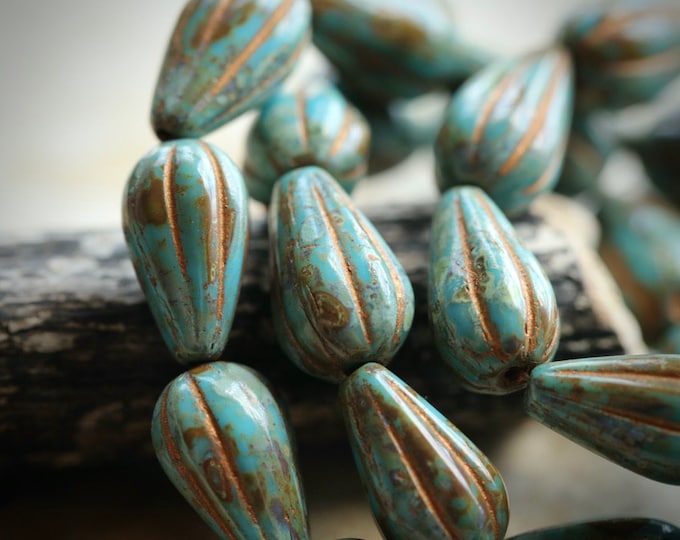 BRONZED SKY MELON Drops .. 10 Premium Picasso Czech Glass Melon Drop Beads 13x8mm (9015-st)