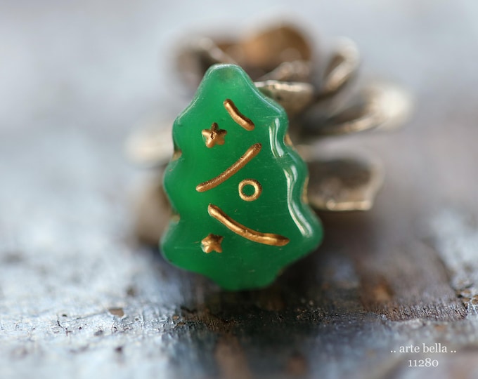 New .. GOLDEN GREEN TREES .. 6 Czech Glass Christmas Tree Bead Mix 17x12mm (11280-6) .. jewelry supplies