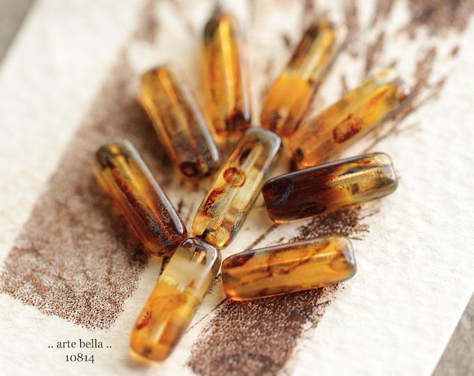 EARTHY AUTUMN STICK Mix .. New 14 Premium Picasso Czech Glass Rectangle Tube Beads 15x5mm (10814-st) .. jewelry supplies