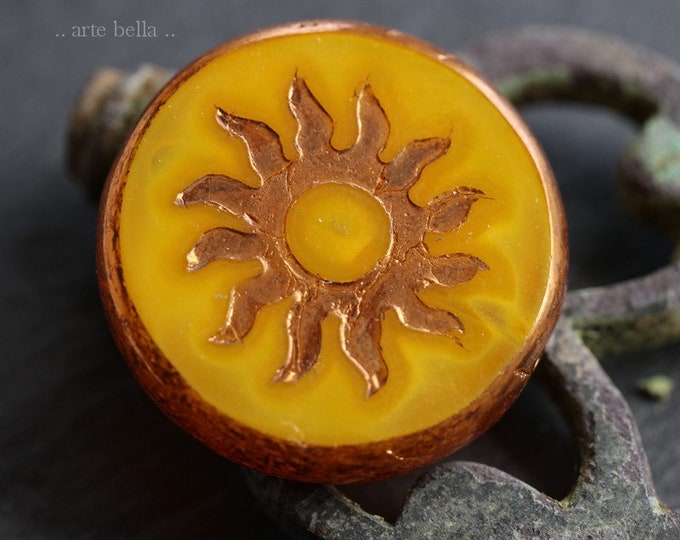 BRONZE SQUASH RAYS .. 1 Premium Picasso Czech Glass Sun Coin Bead 22mm (6680-1)