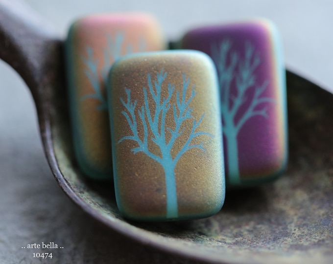 TURQUOISE TREE REX No. 2 .. 4 Premium Matte Czech Glass Laser Etched Tree Rectangle Bead Mix 19x12mm (10474-4) .. jewelry supplies