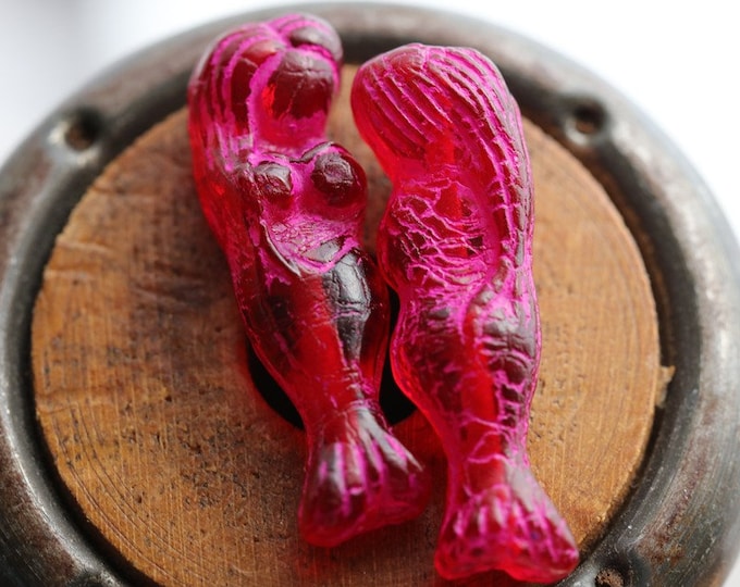 back  in stock .. PINK RASPBERRY MERMAID .. 2 Premium Czech Glass Mermaid Beads 5x25mm (7891-2) .. jewelry supplies